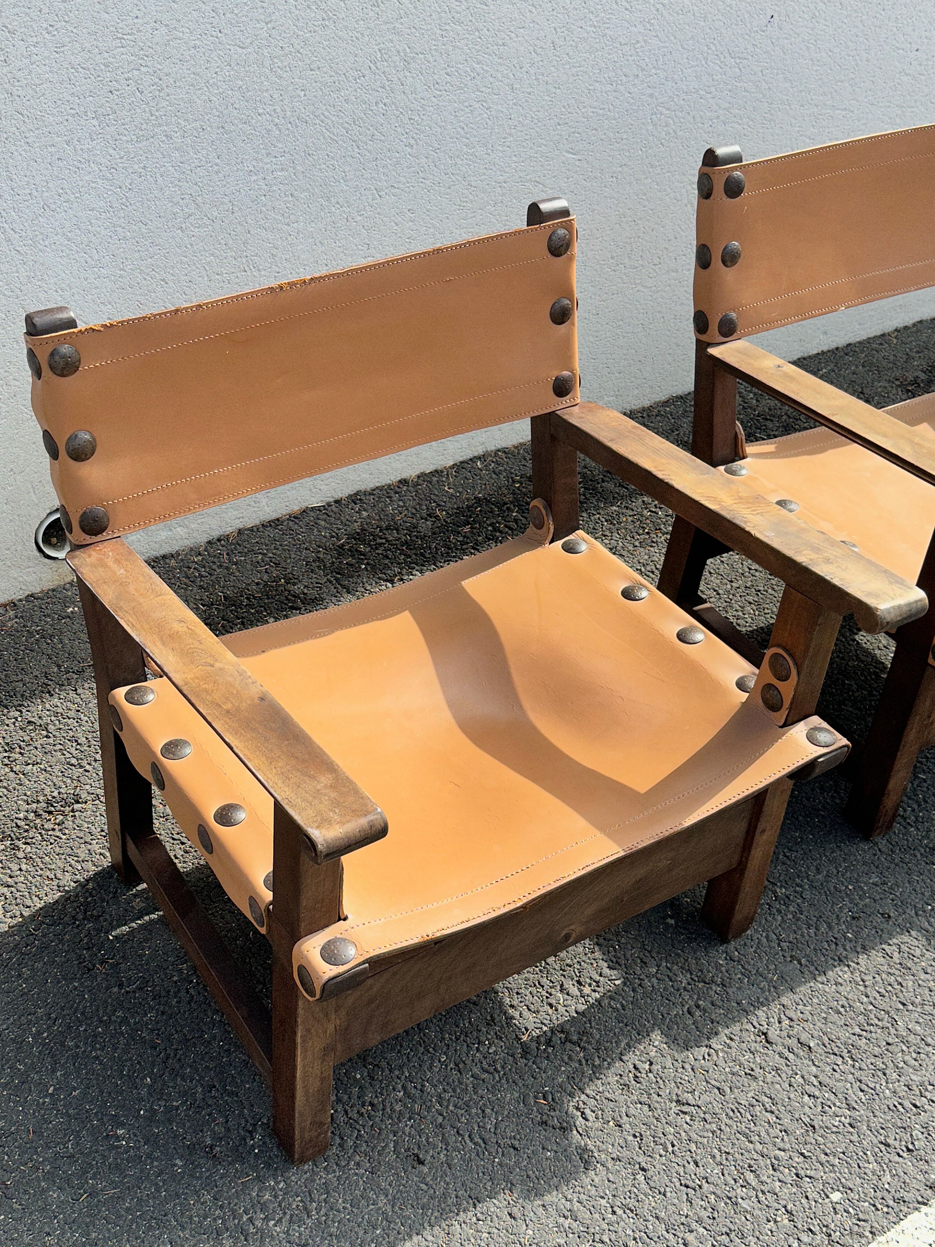 Brutalist armchair in wood and leather 60s