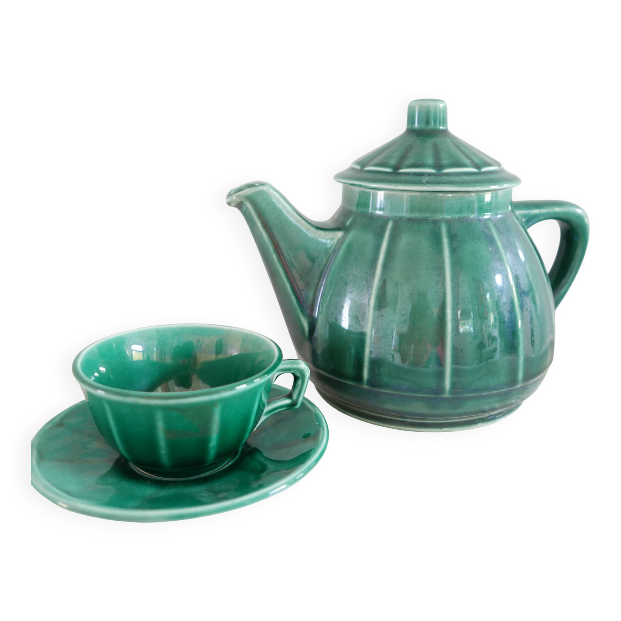 Tea set (teapot + cup & saucer) green glazed ceramic