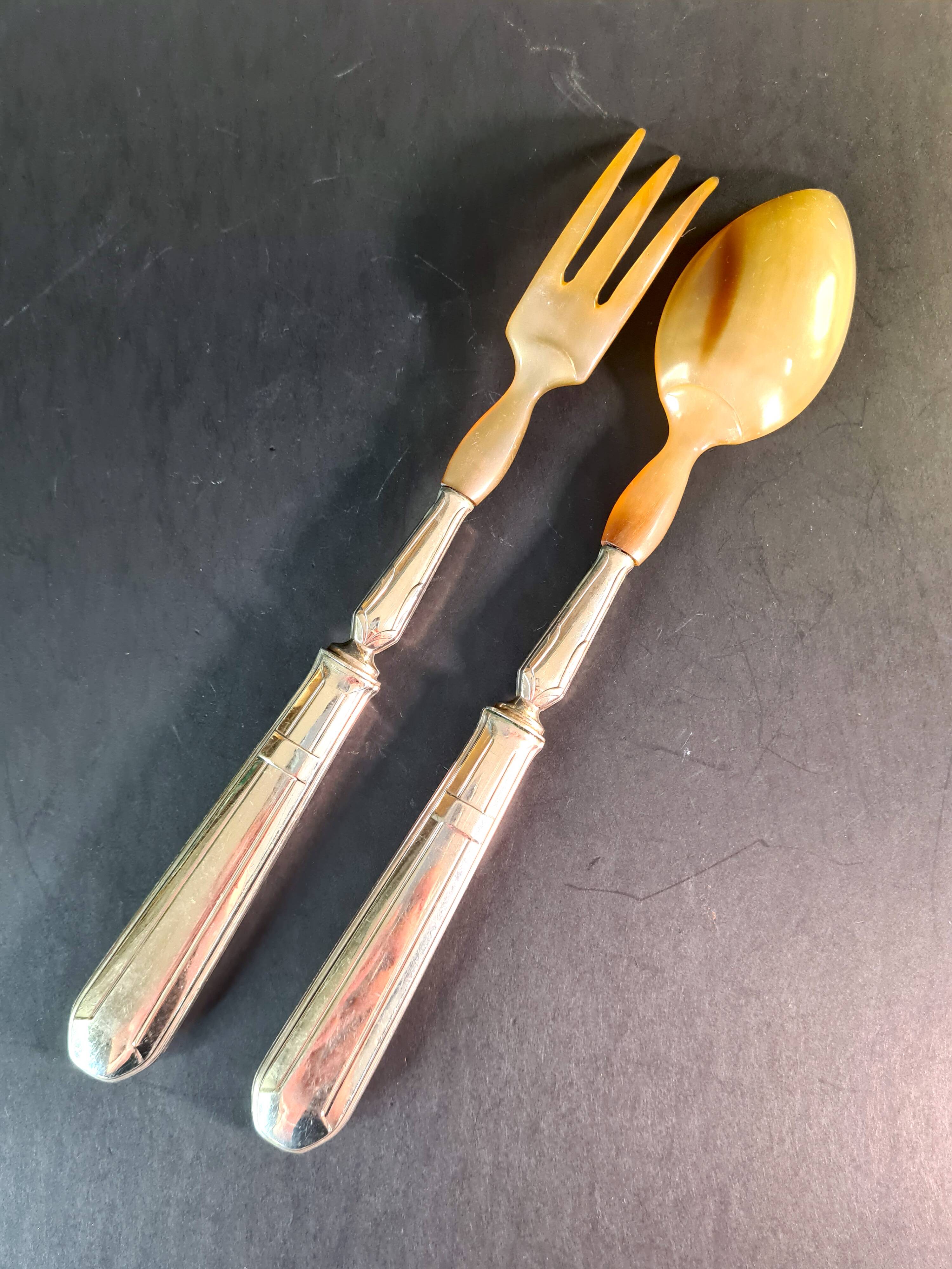 Art Deco Horn & Silver Plated Salad Set – Retro Elegance on the Menu