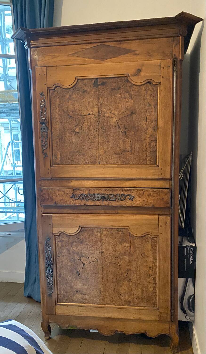 Antique solid wood wardrobe - burl panels and fittings