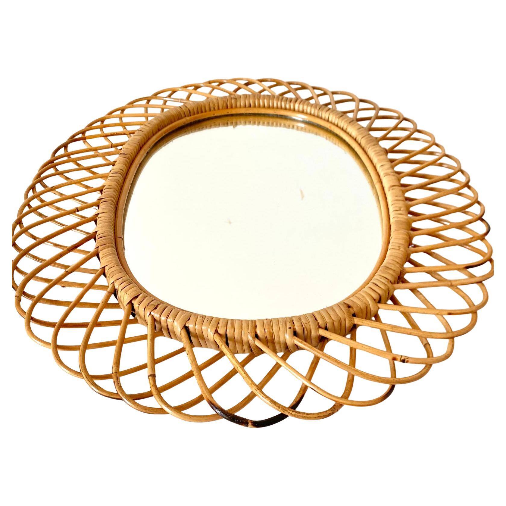 Midcentury Modern Large Sunburst Bamboo and Rattan Mirror, Bonacina, Italy 1960s