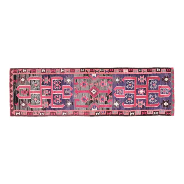 1970s Vintage Turkish Oushak Handmade Wool Cotton Pink Runner Rug 99x331