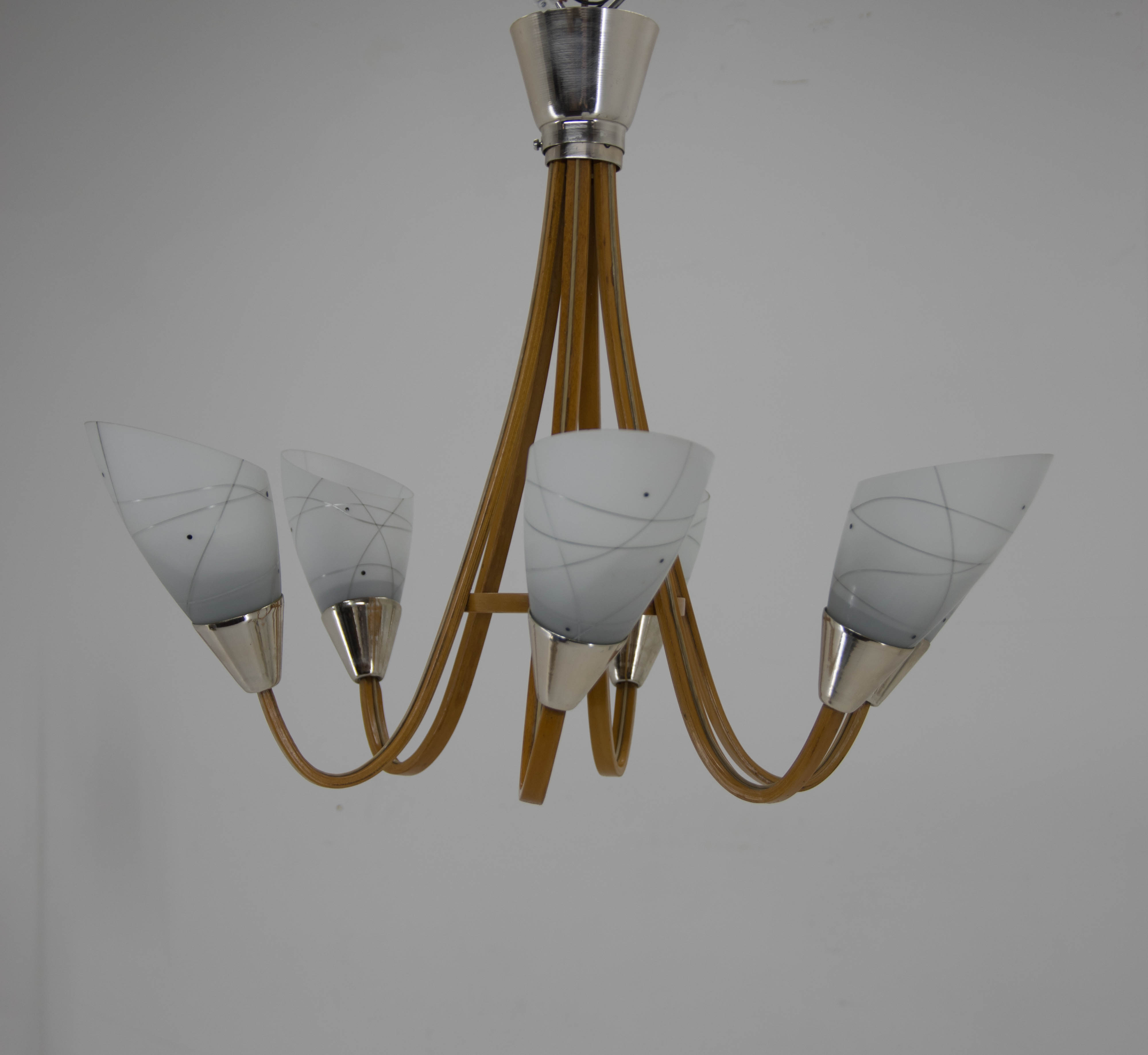Mid-Century Wood & Glass Chandelier by Dřevo Humpolec, 1960s