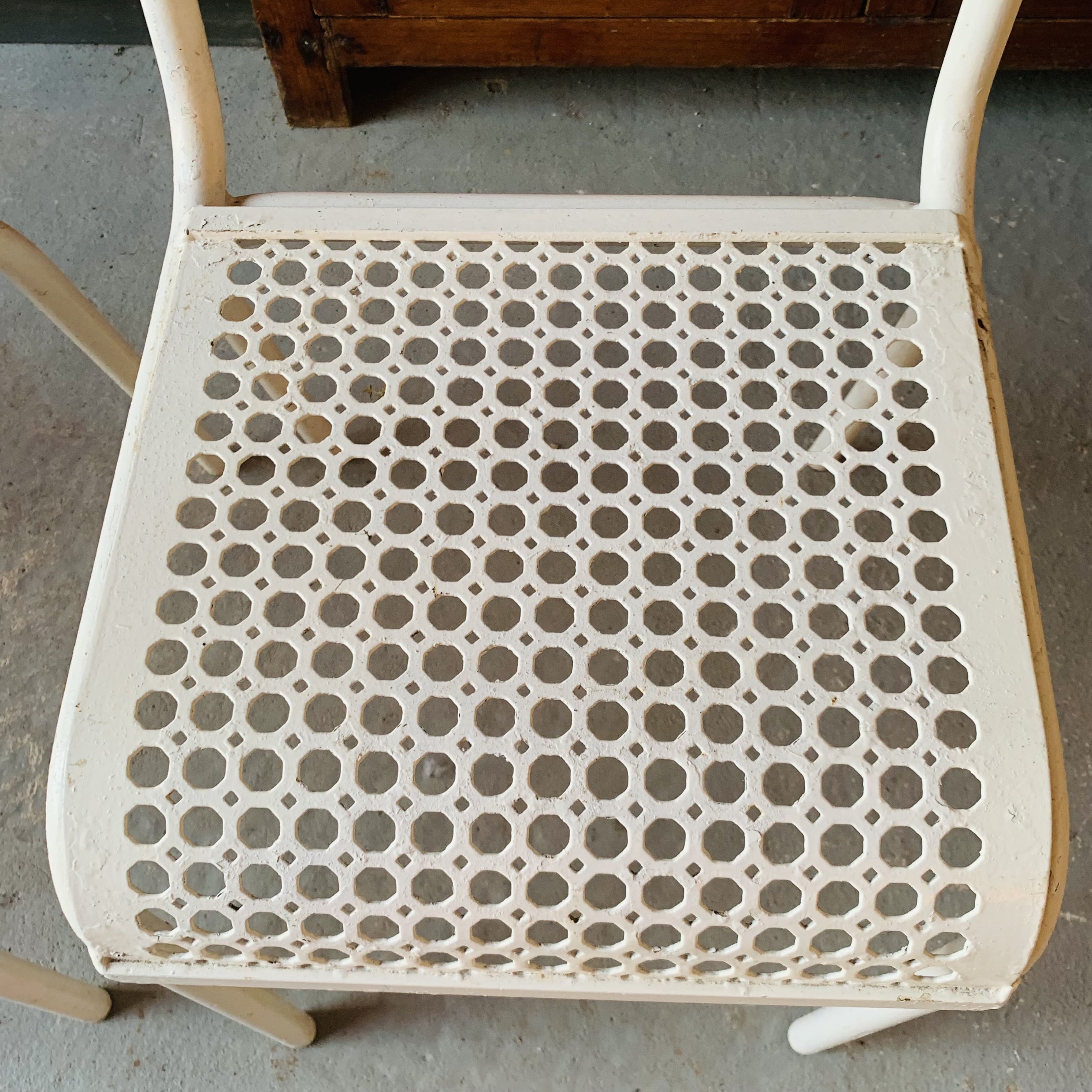 Series of 3 perforated metal chairs