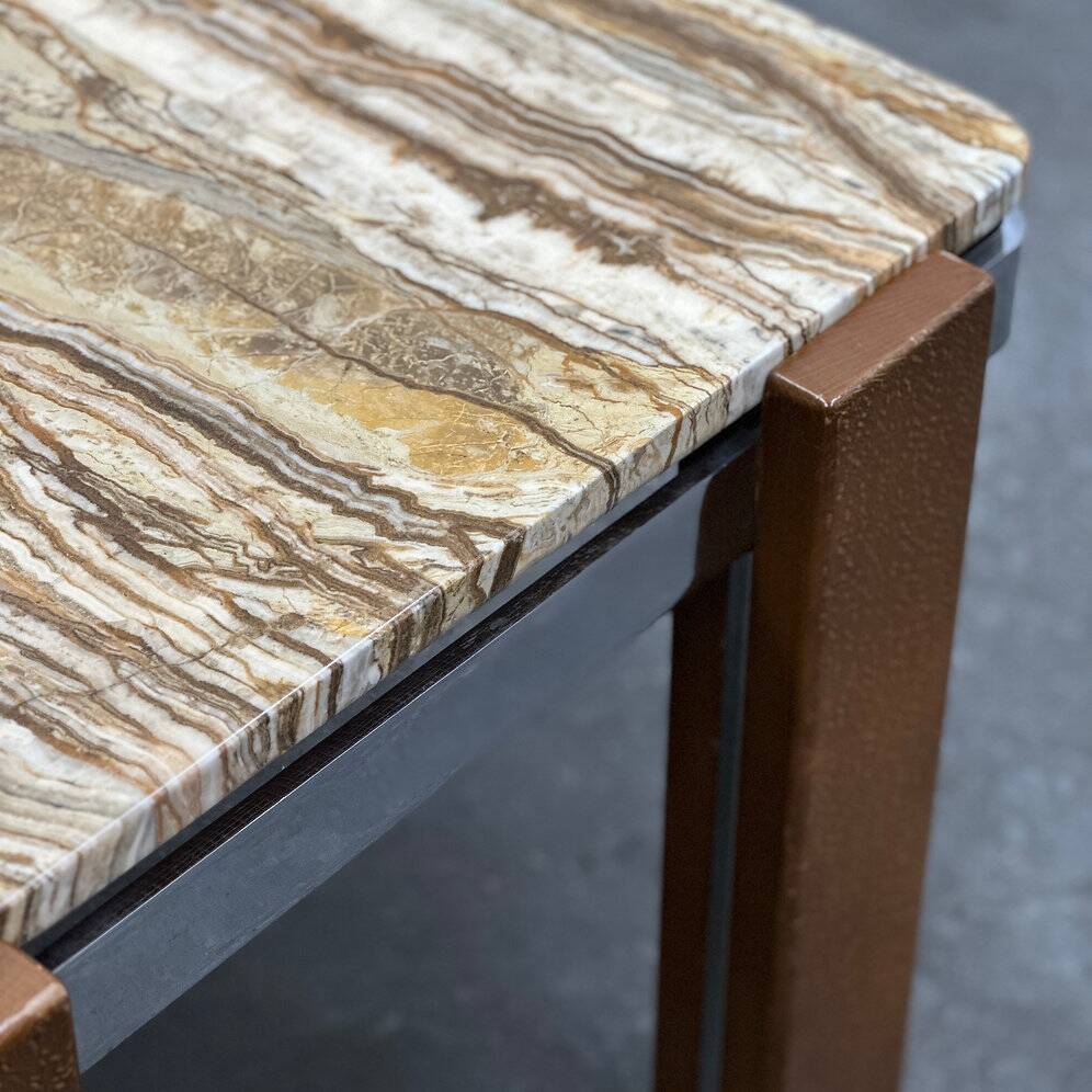 Italian 1970s coffee table in Breccia Sarda marble & steel legs – caramel tones