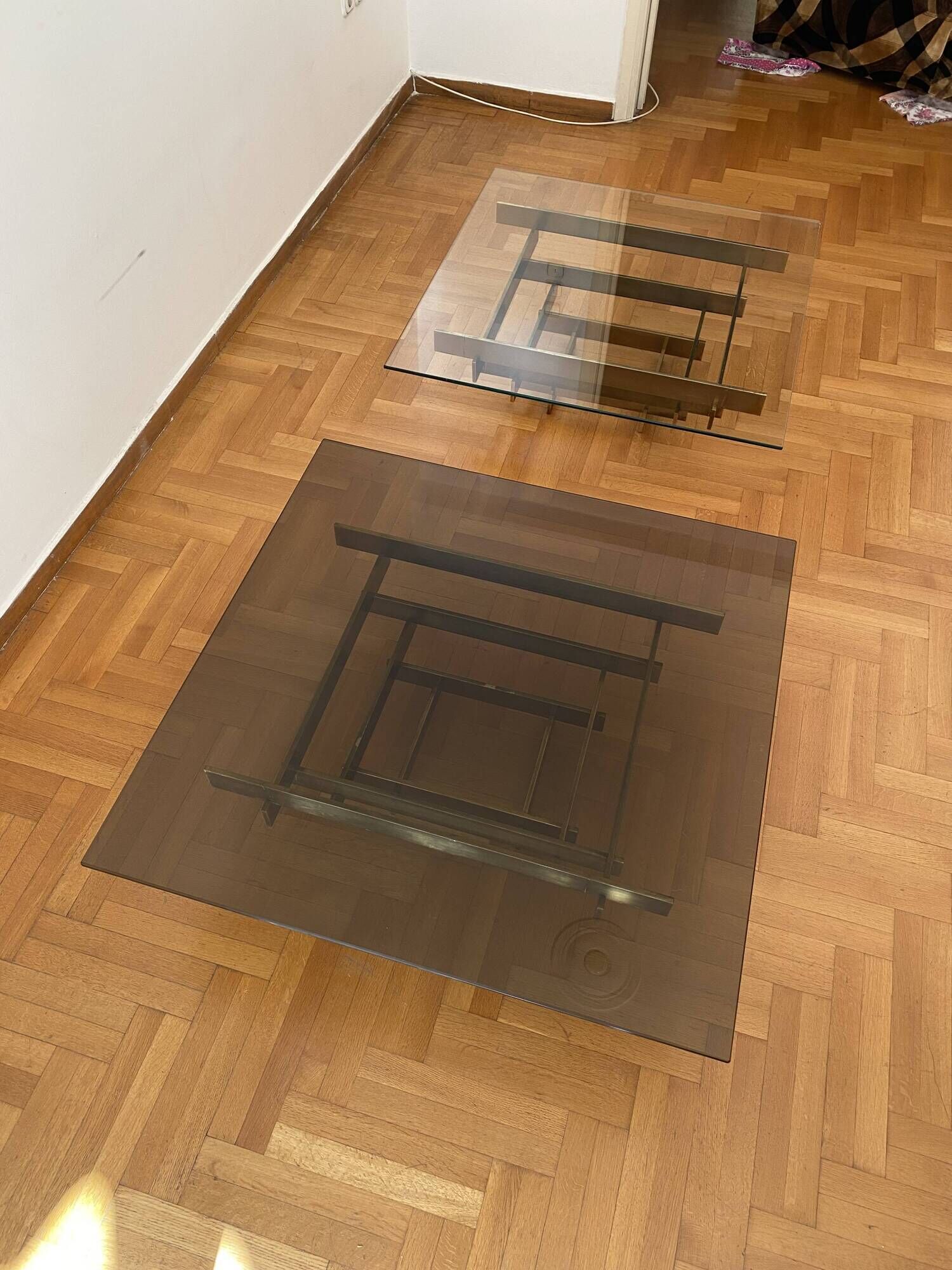 Vintage 1970s Square Coffee Table in Brass and Smoked Glass, David Hicks