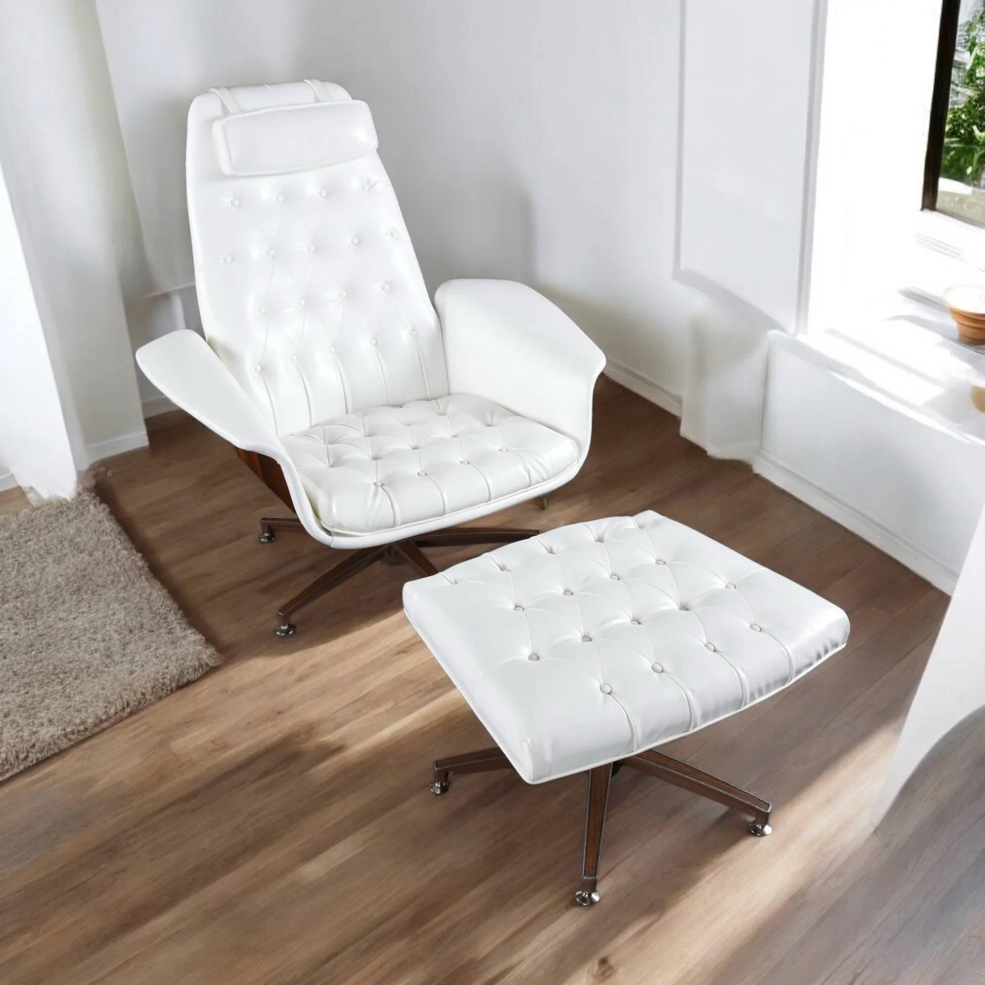 Restored George Mulhauser style white tufted tilt and swivel chair with ottoman