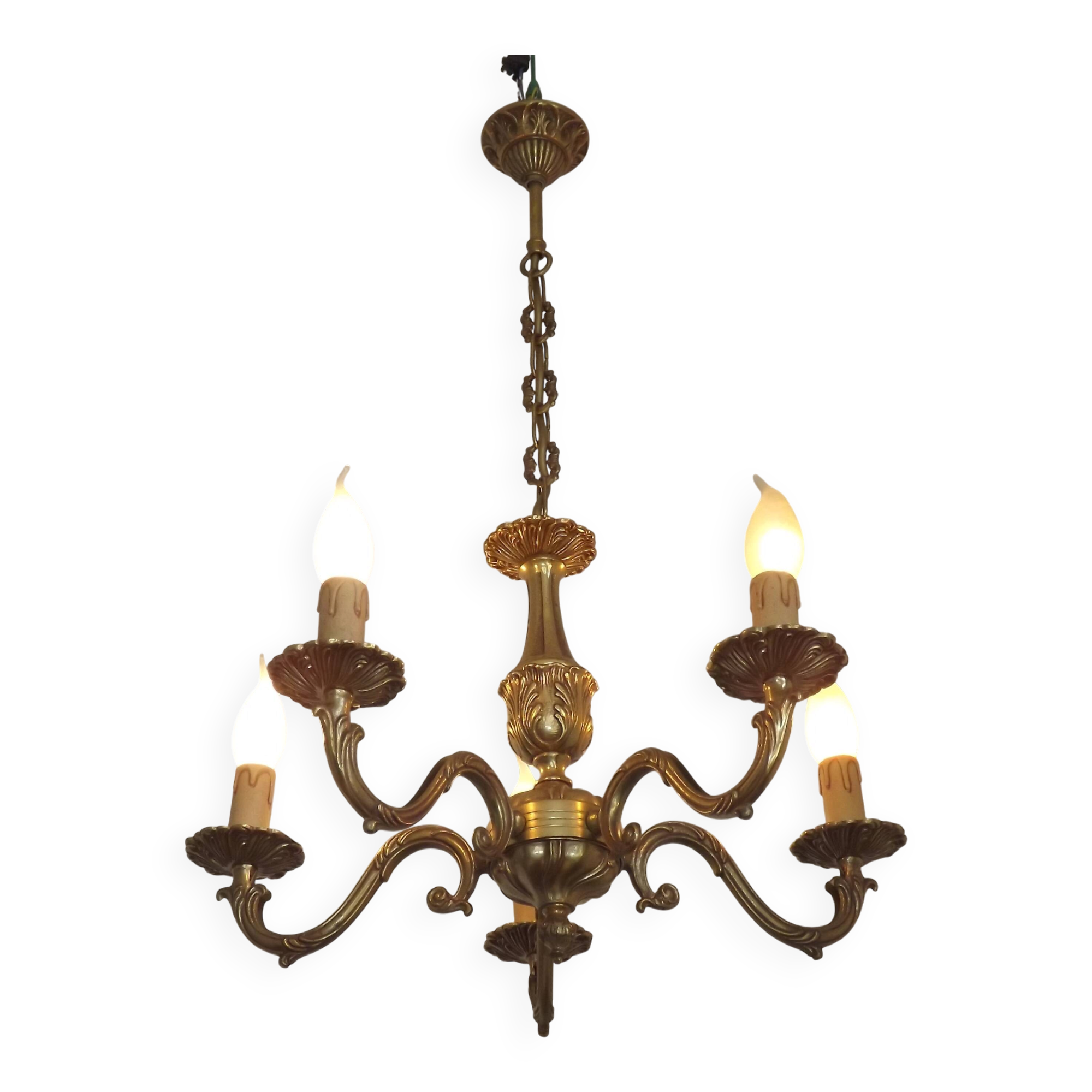 French Vintage Mid Century Bronze 5 Light Traditional Style Chandelier