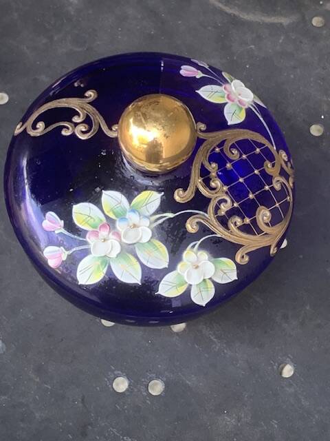 Perfume bottles, in hand-painted blue Bohemian crystal, antique.