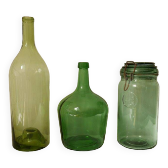 Lot of demijohn, Durfor can and green bottle