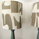 Pair of wooden lamps with custom modernist lampshades.