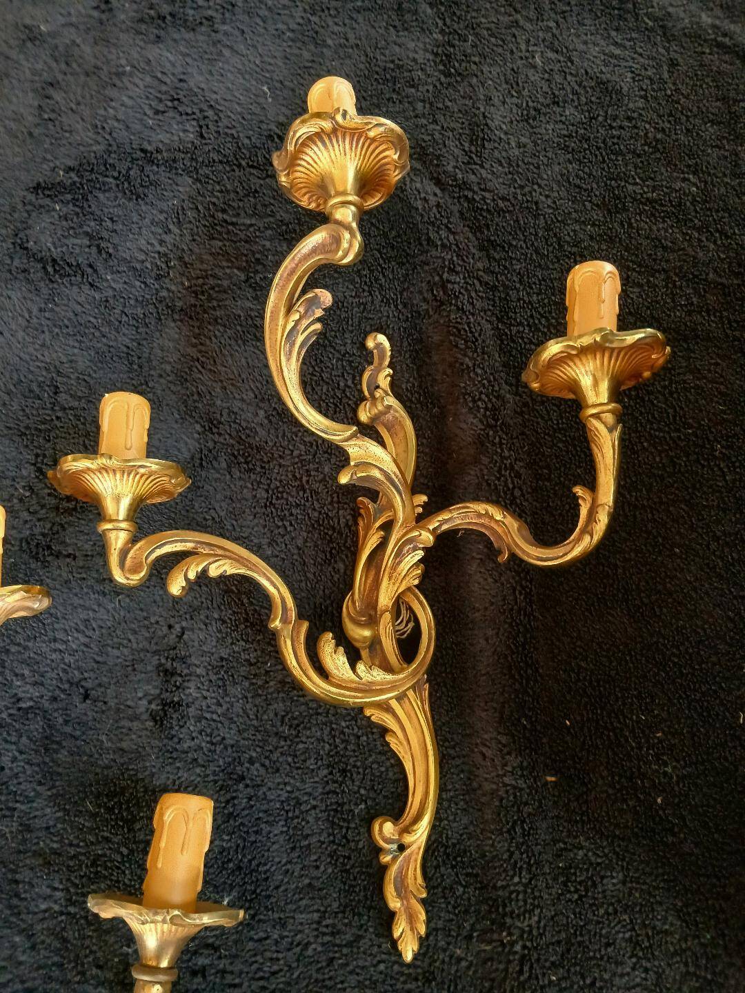 2 or more bronze wall lights in Louis XV rococo style with 3 arms.