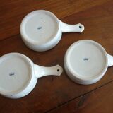 3 ceramic casserole dishes with blue and brown branch pattern