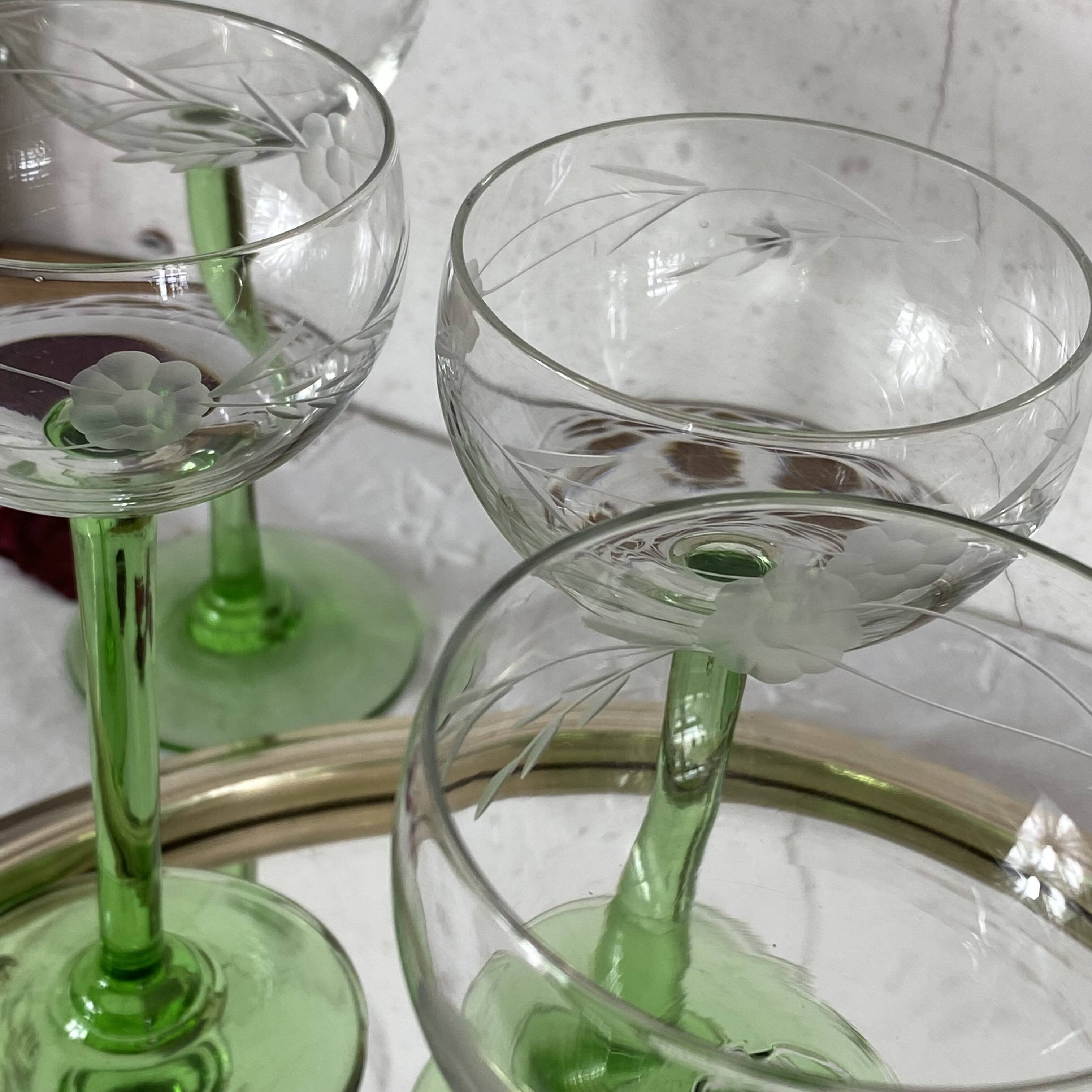 6 Alsace green footed crystal wine glasses engraved