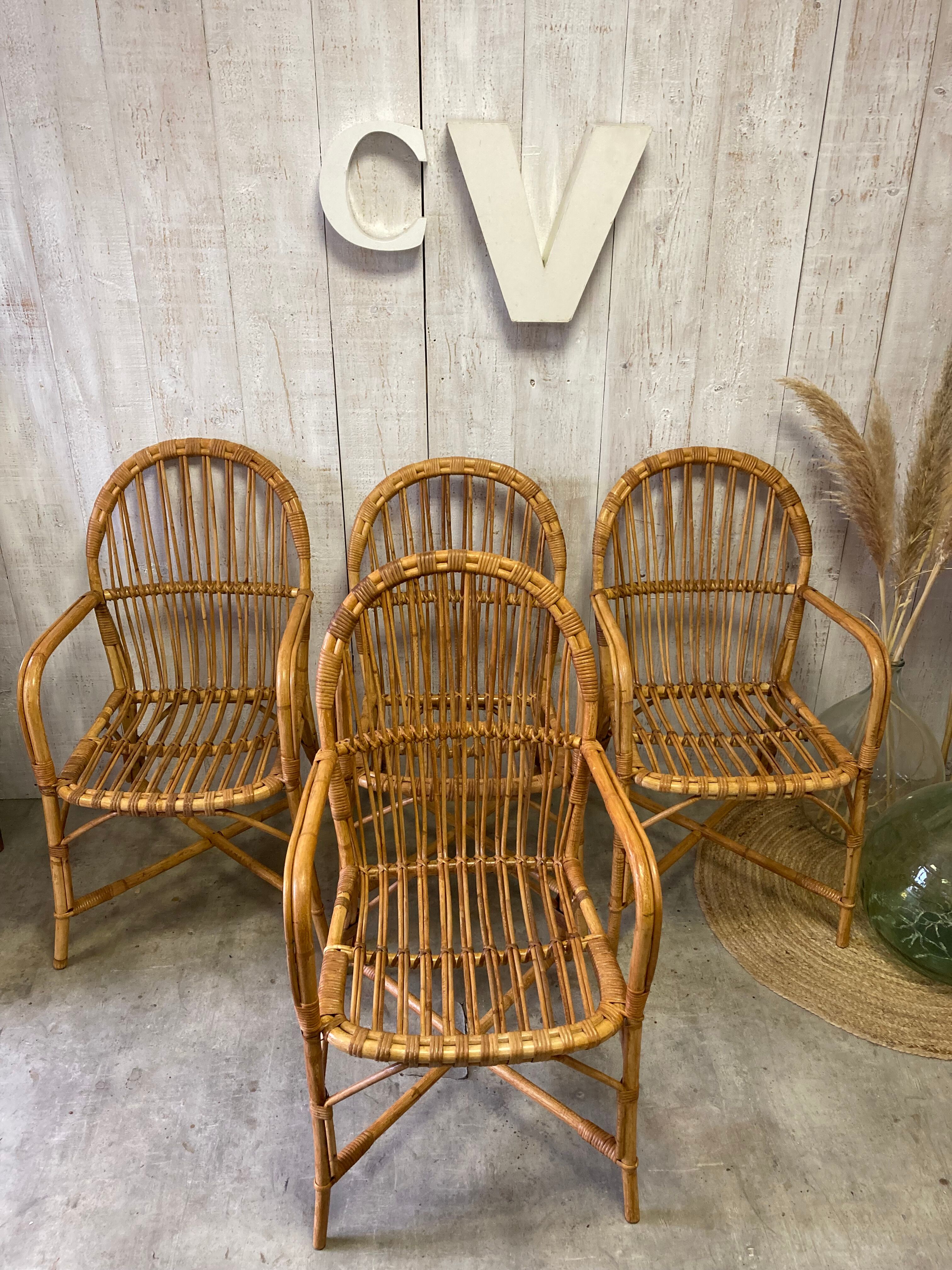 Série de 4 fauteuils rotin vintage