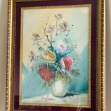 Large HST painting depicting a floral bouquet signed Lina Pont (?)