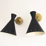 Set of three Italian wall lights in brass and lacquered iron, 1950s design