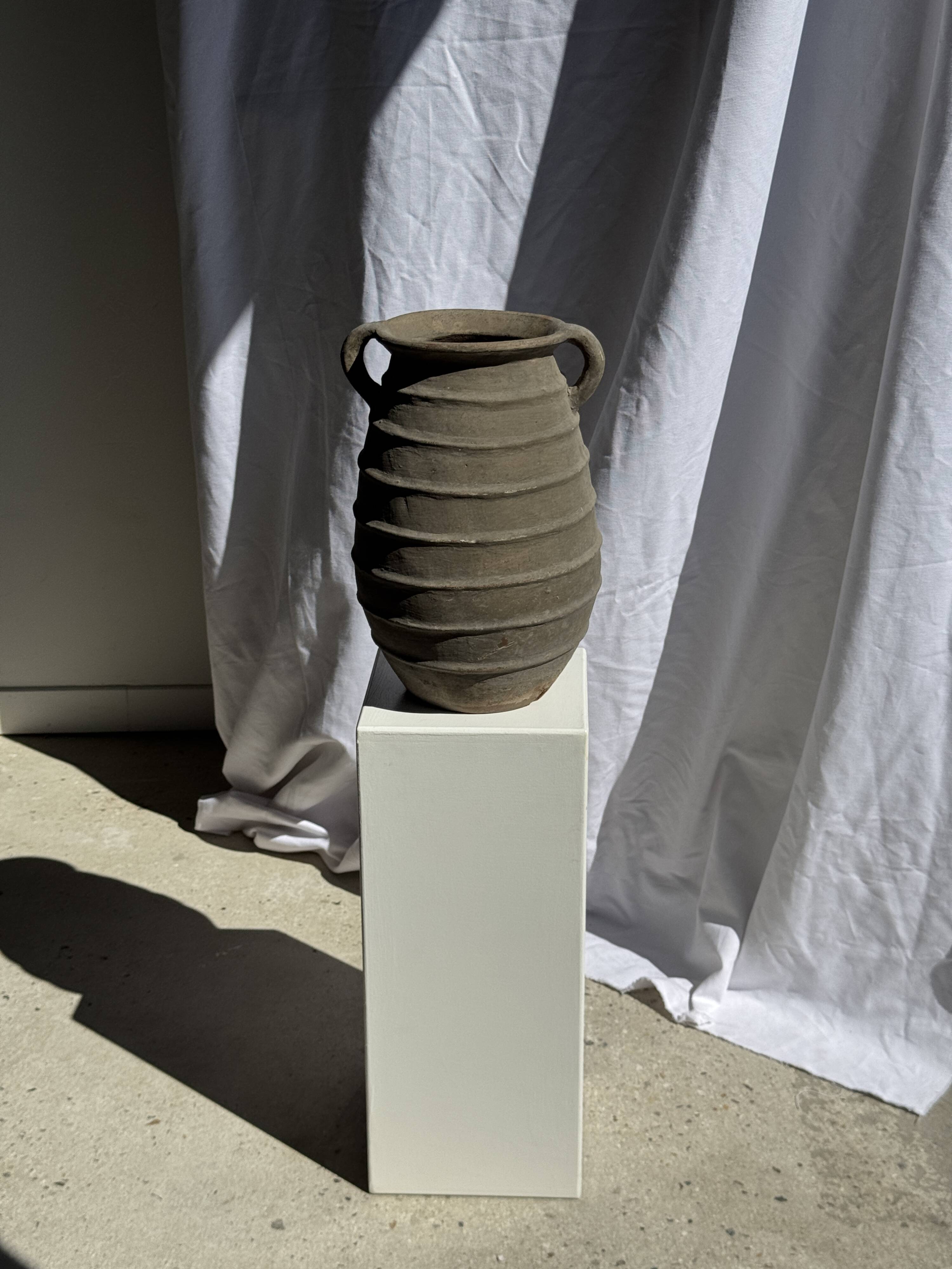 Large oval vase with double handles, featuring raised grey-beige stripes, H42 D28.