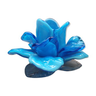 Bougeoir fleur verre soufflé bleu Murano