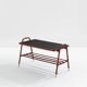 Jacques Adnet coffee table in red saddle-stitched leather and brass, 1950s