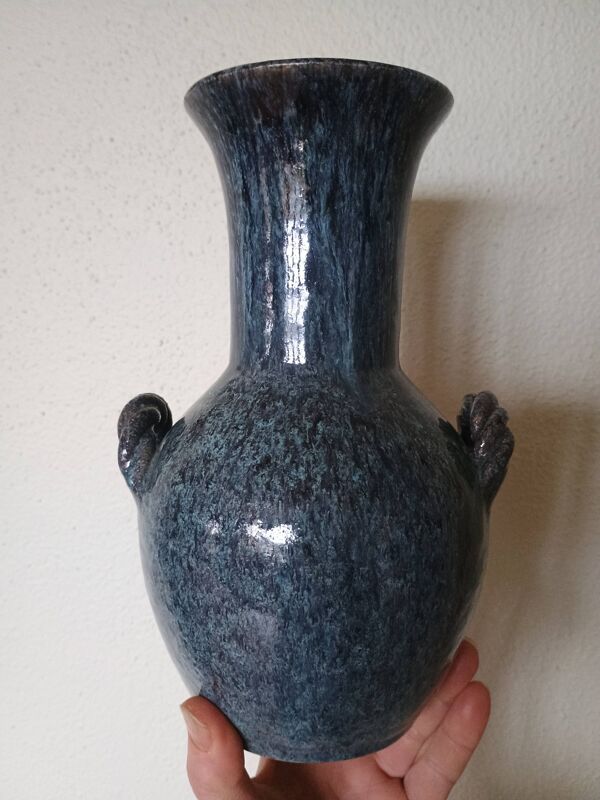 Accolay poterie Yonne - Vase double anse tressé - Grès émaillé bleu gris
