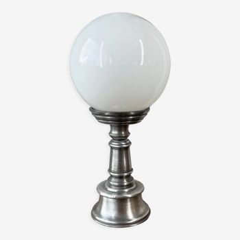 Opaline globe lamp with pewter stand