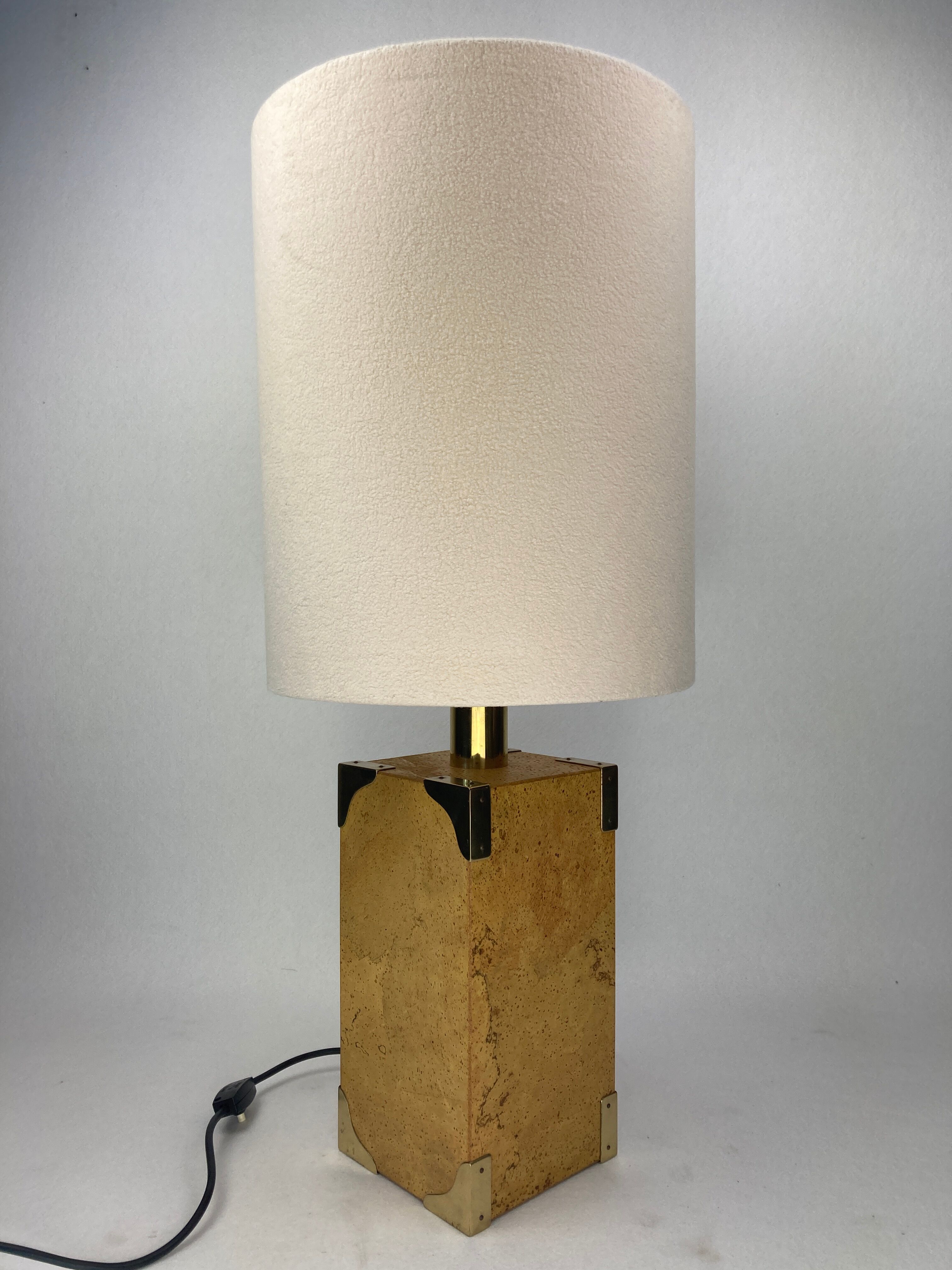 Cork and brass table lamp, bouclé shade. Leola Design Germany 1970s