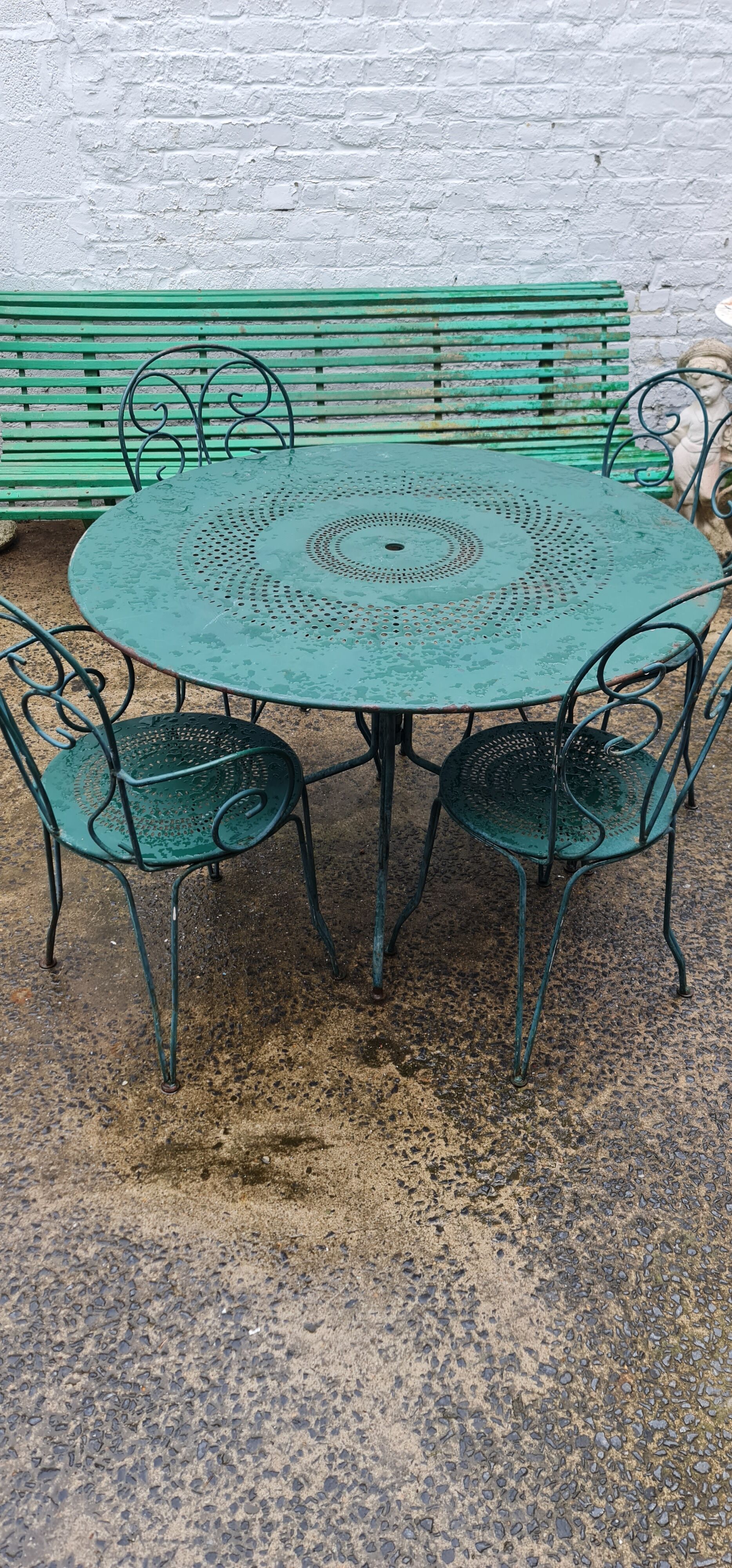 Garden furniture green wrought iron table two chairs and two armchairs