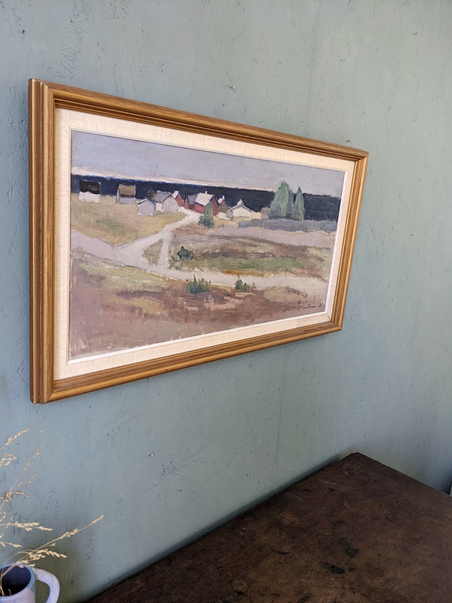 1967 mid-century modern swedish "coastal path" vintage coastal landscape framed oil painting