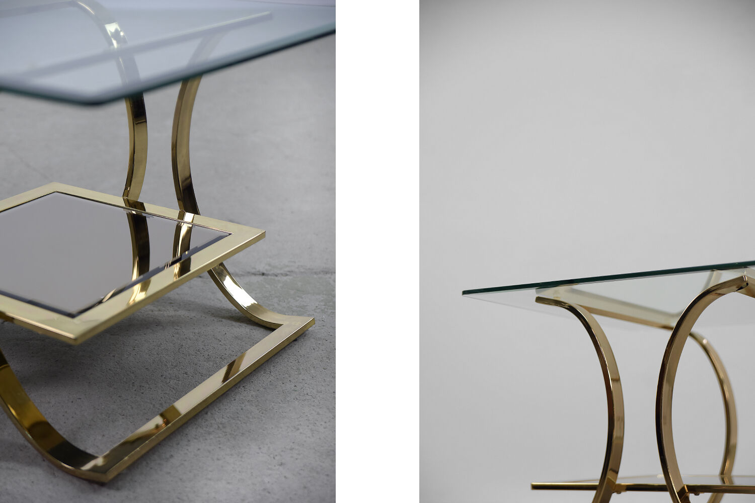 Tables basses italiennes vintage en or et verre, années 1960, Ensemble de 2