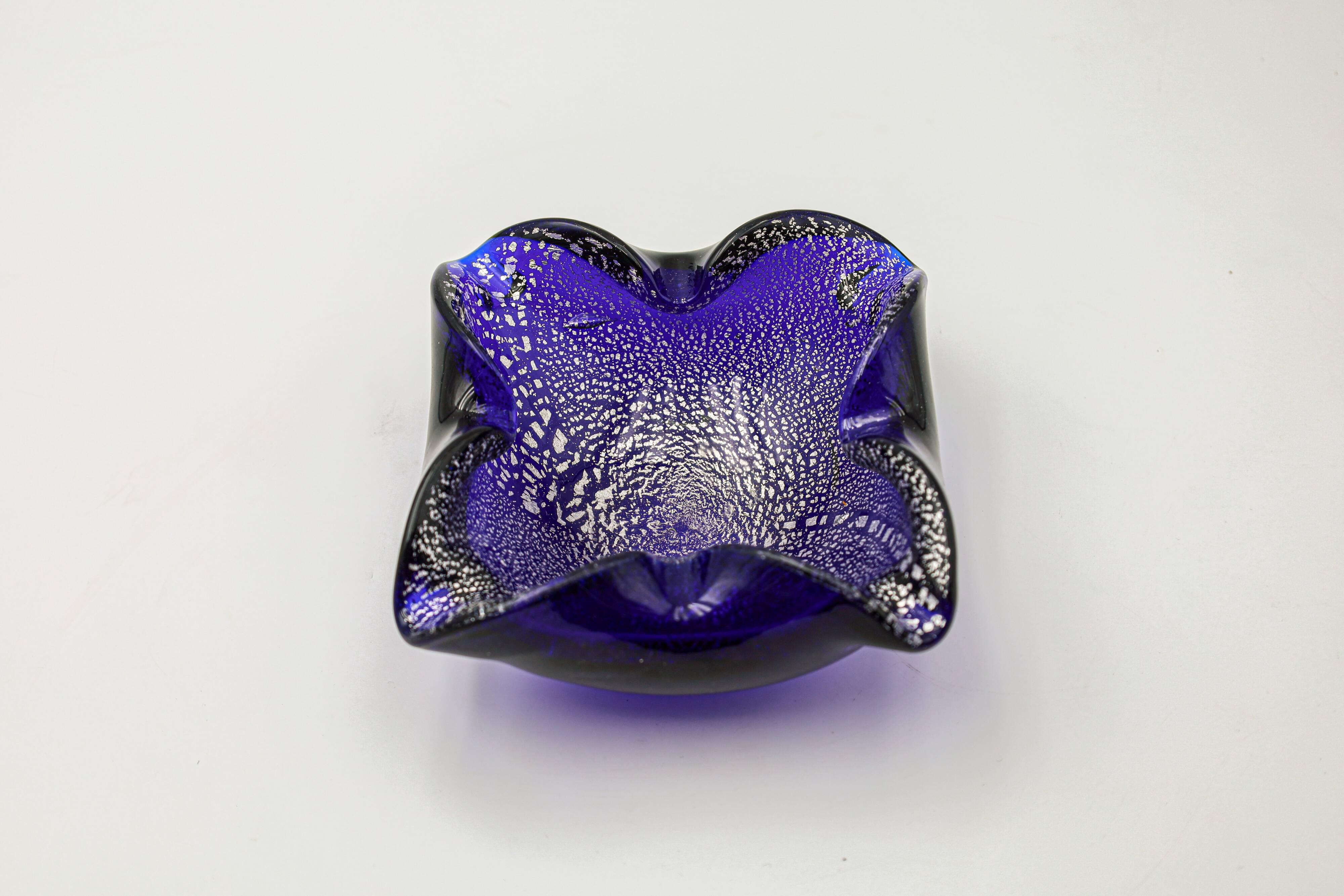 Murano ashtray blue glass silver inclusions