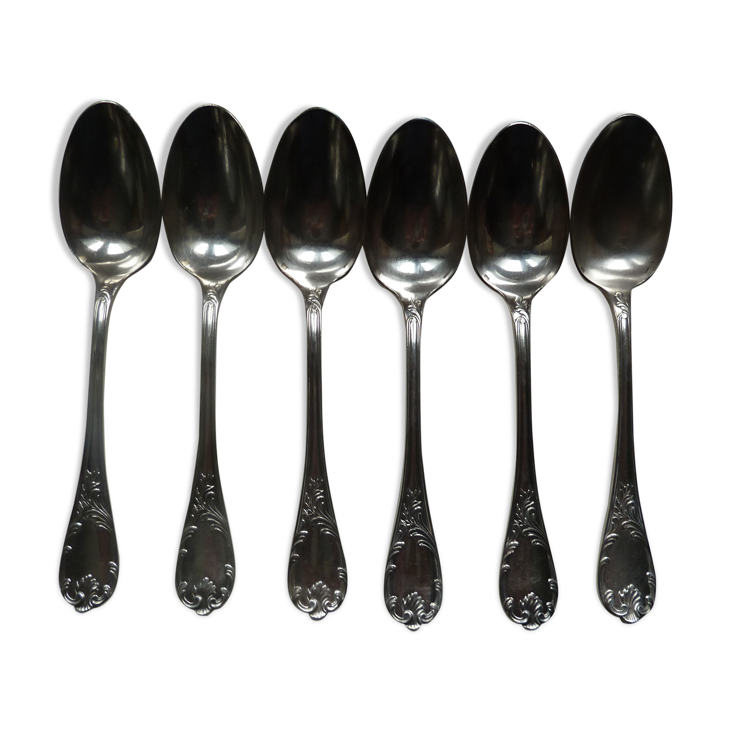 Lot 6 grandes cuillères metal argenté Christofle décor floral modèle Marly