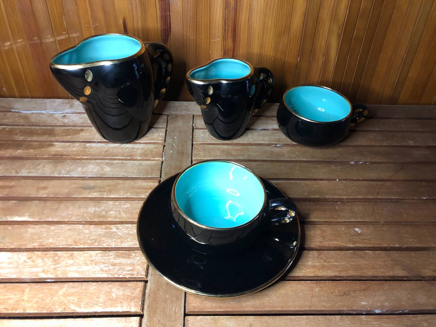 Old magdalith breakfast service black & blue ceramic vintage #a517