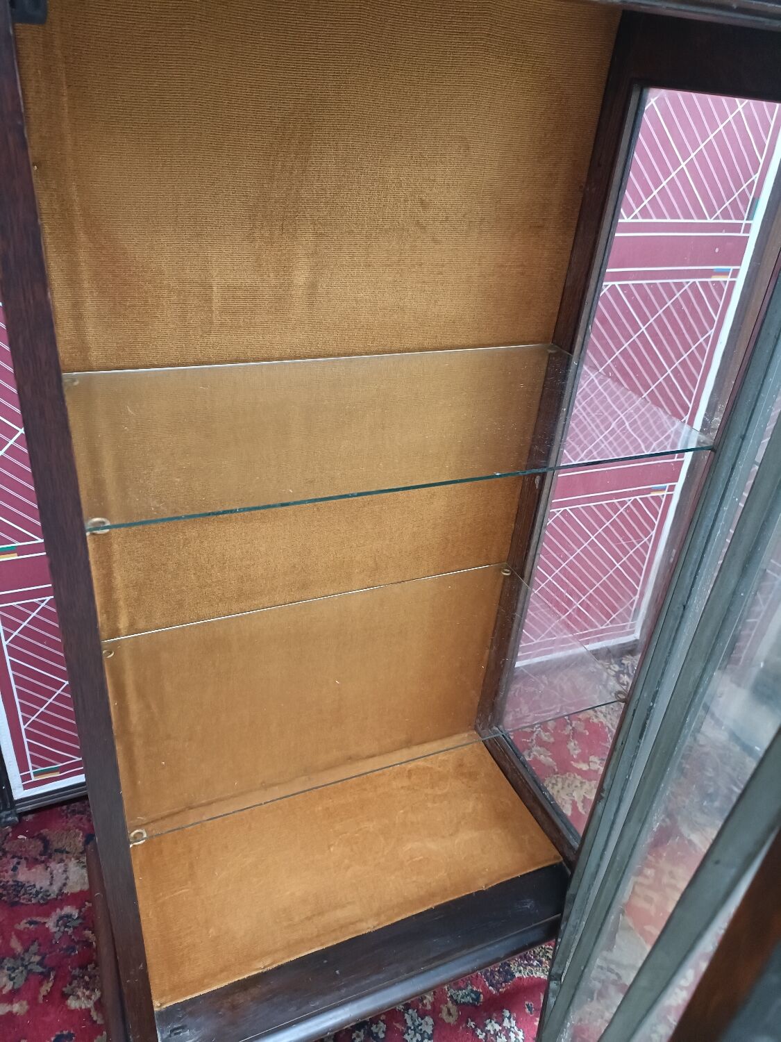 English glazed display case, lion paw feet