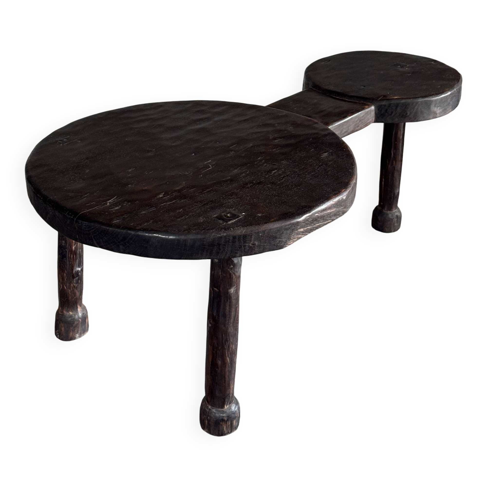Large coffee table, minimalist tripod side table in solid teak with double.