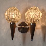 Double wall lamp in Scandinavian style - moulded glass and teak - 1960