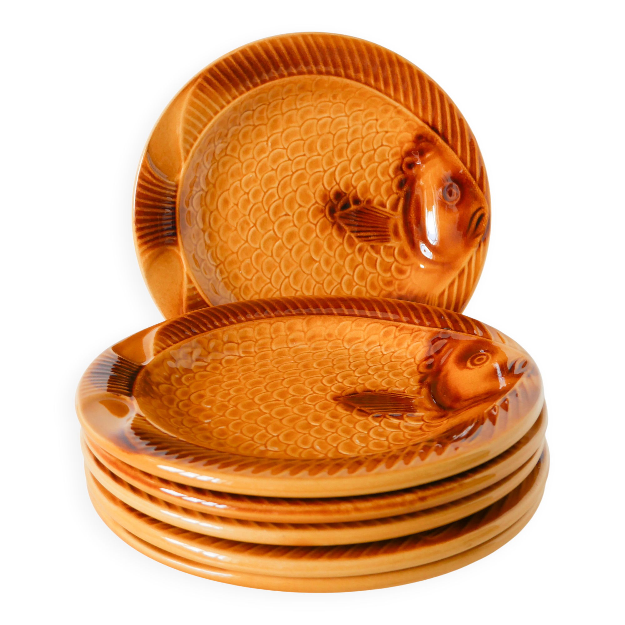 Set of 6 fish-pattern plates, yellow, 1960.