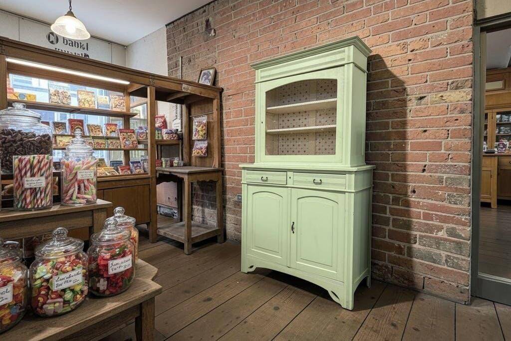 Vintage mint green wooden display/storage cabinet