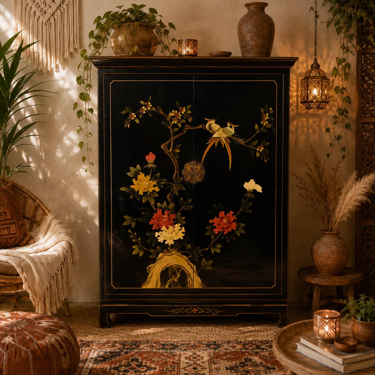 Cabinet vintage chinois laqué noir avec oiseaux et fleurs bohème