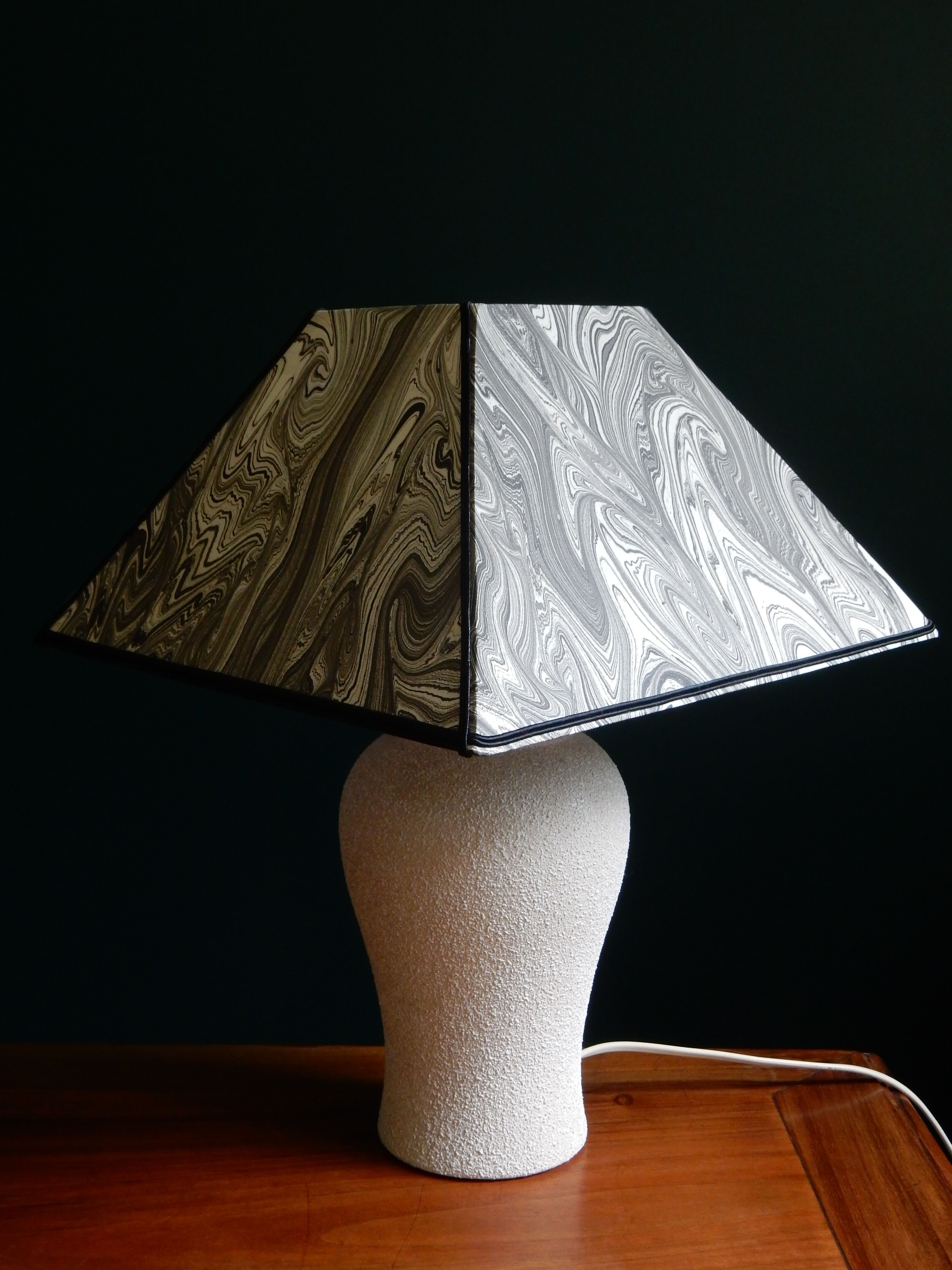 Vintage granite foot lamp and pyramid lampshade in marbled paper