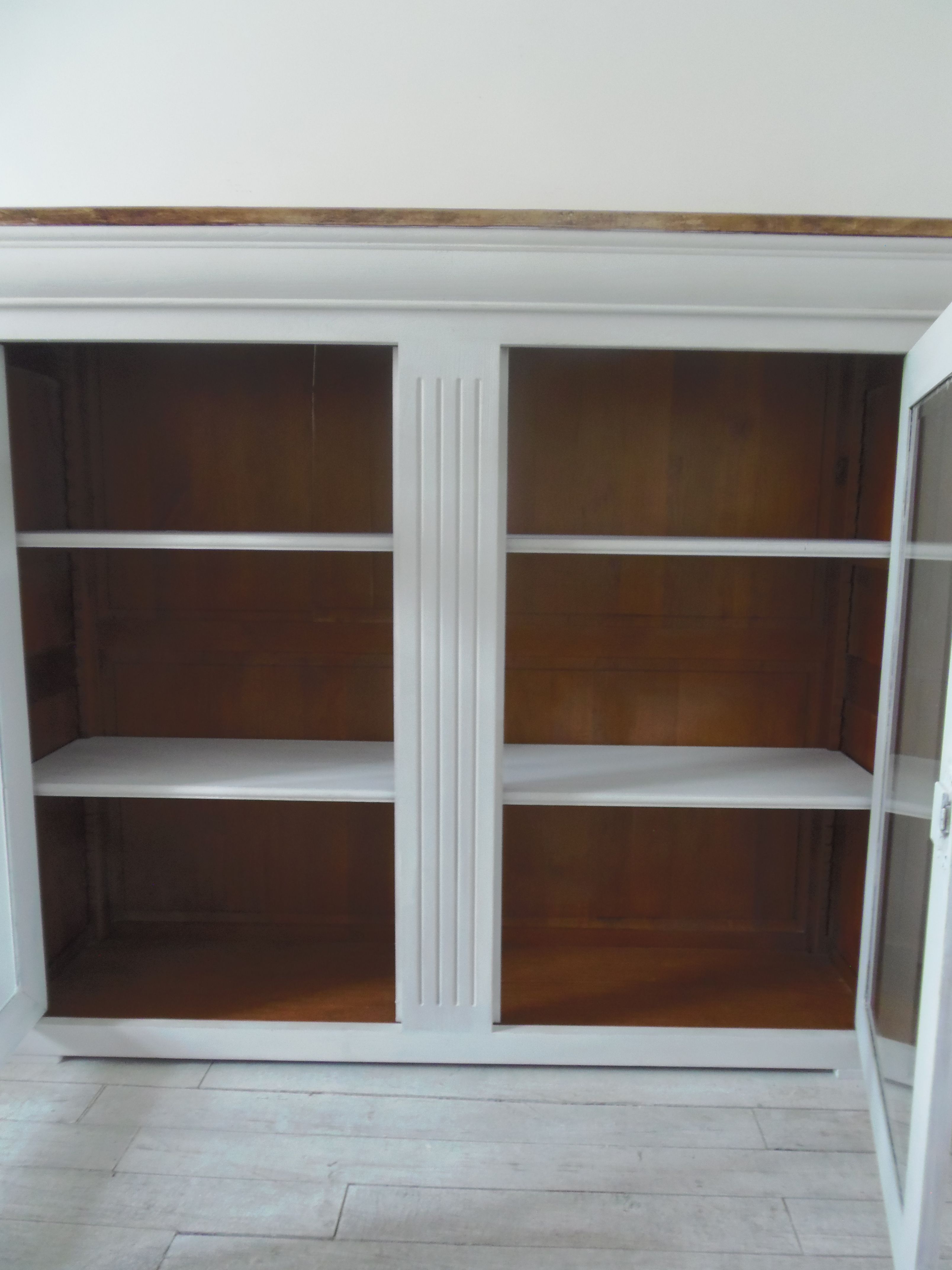 Showcase, bookcase, dresser style louis philippe patinated pearl gray, 2 glass doors.