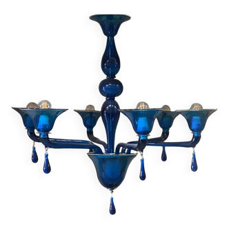 Glass Chandelier in Blue Lattimo Color