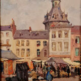 Huile sur panneau figurant un jour de marché a Namur Albert Dandoy (Namur 1885 à 1977)