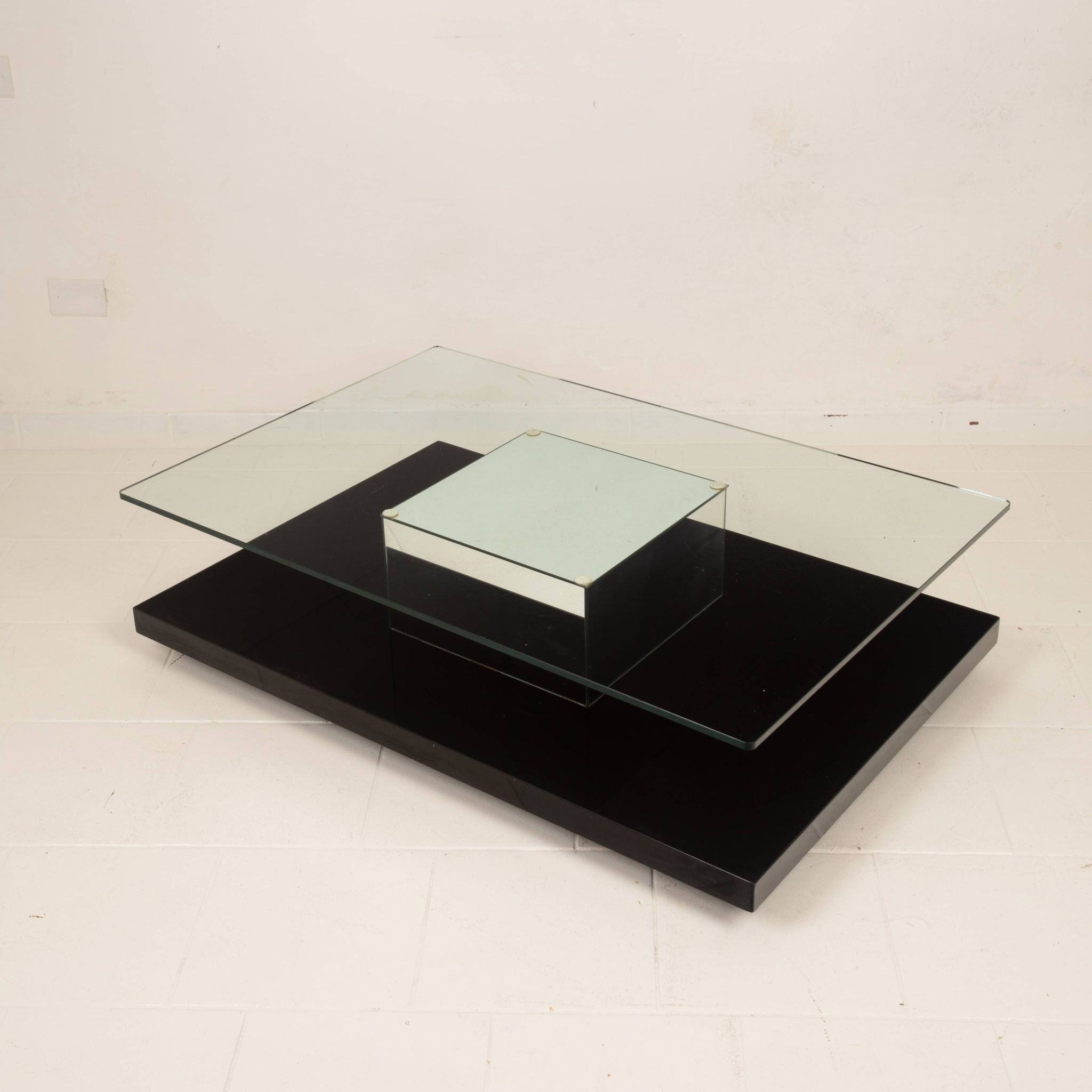 Cidue Mid Century Italian Black Lacquer, Mirror and Glass Coffee Table 1970