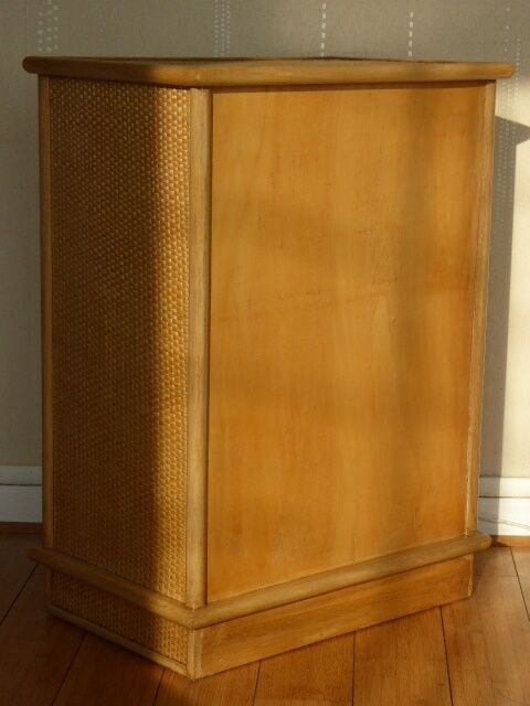 Chest of drawers vintage wood and rattan blond 4 drawers ca 1970