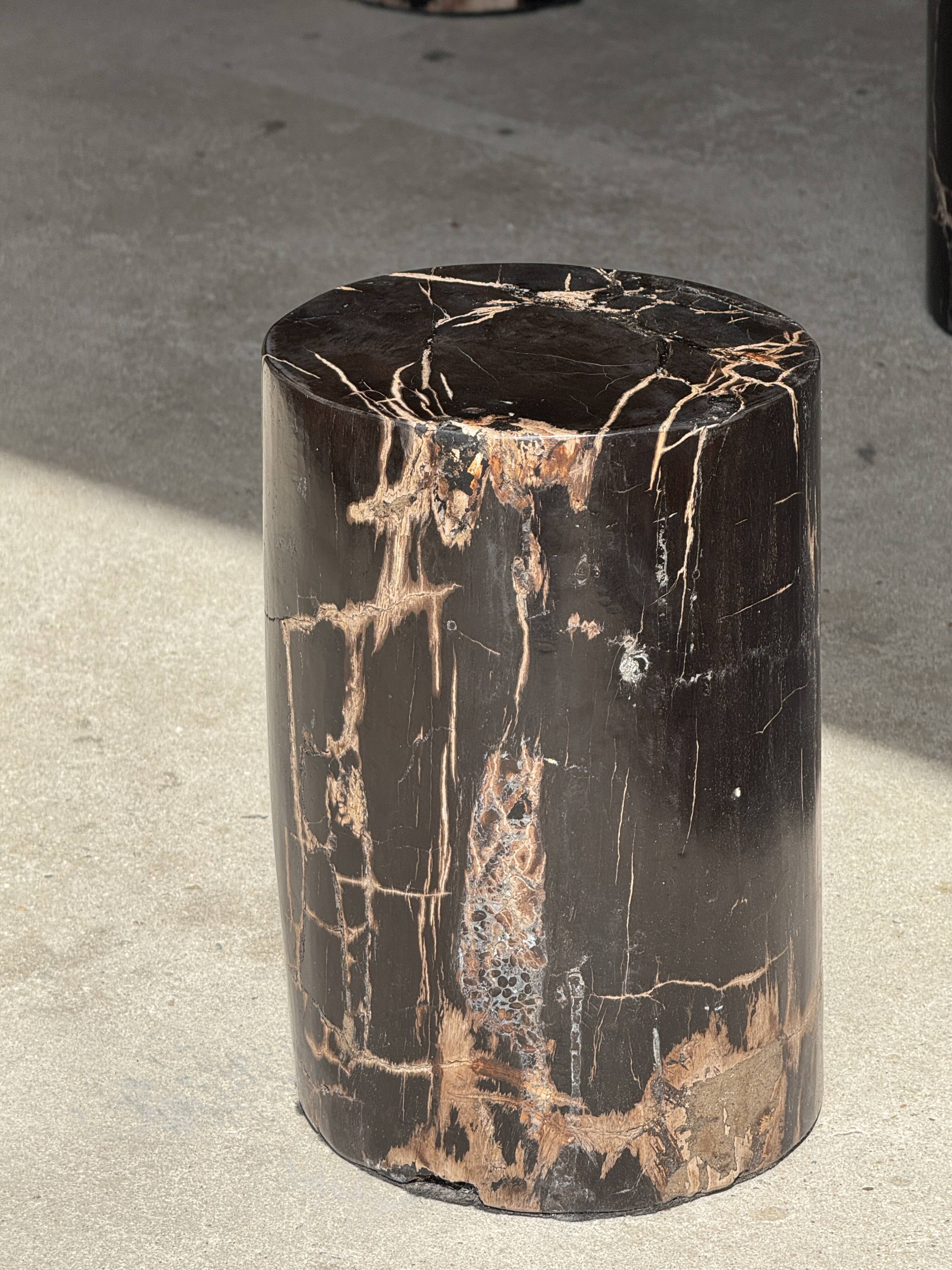 Small black petrified wood side table with beige stripes H28 D18 - 3347