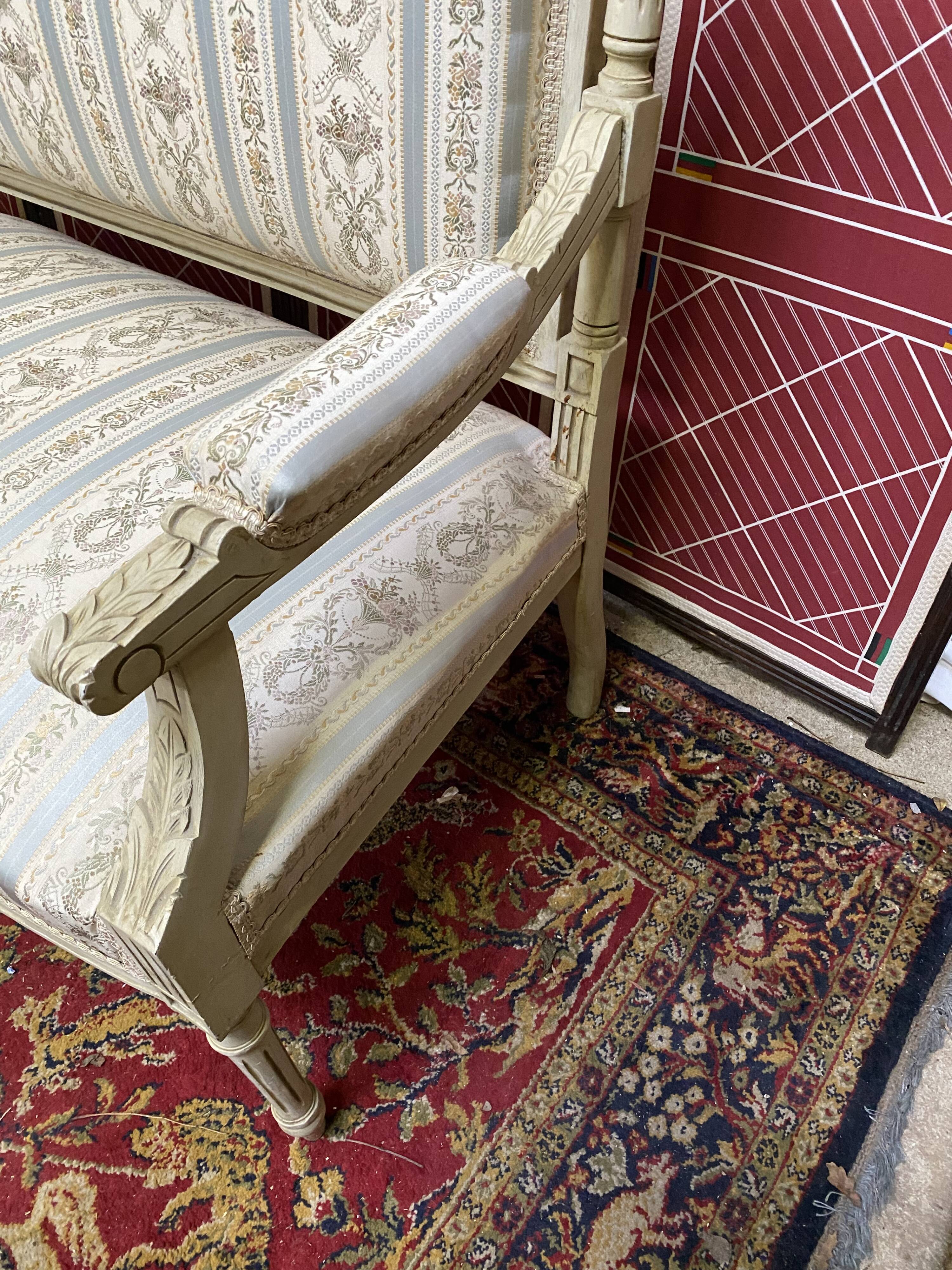 Louis XVI style bench carved with original fabrics and silks