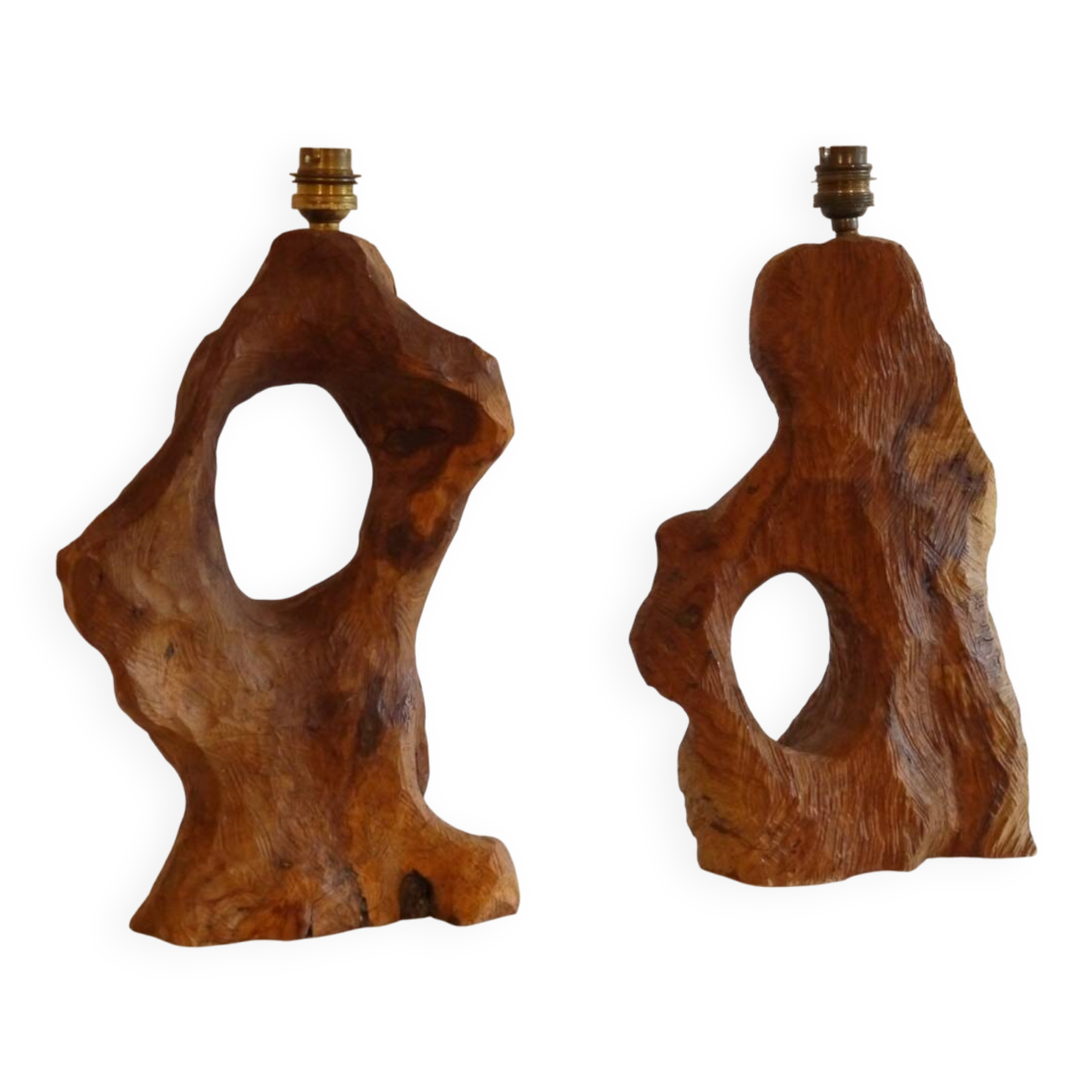 Brutalist pair of wooden lamps from the 1960s.
