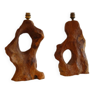 Paire de lampes brutaliste en bois 1960