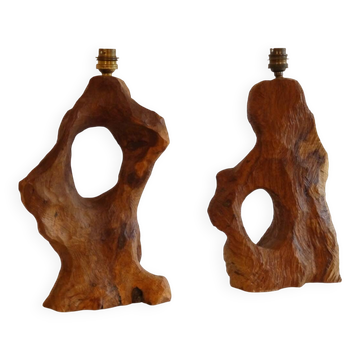 Paire de lampes brutaliste en bois 1960